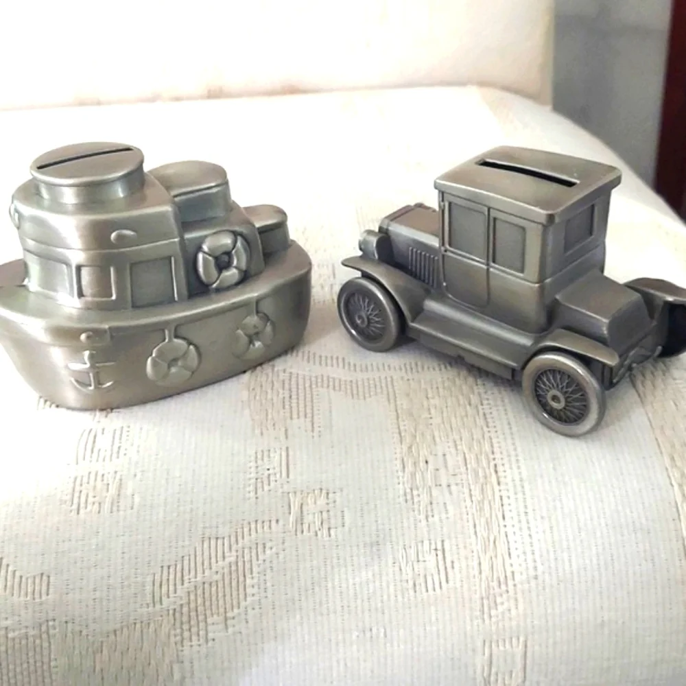 Vintage Ford Model T Coupe Truck & Tug Boat Silver Plated Coin Piggy Banks